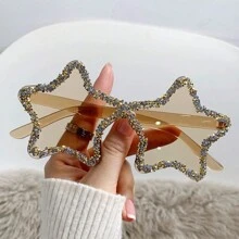 1 Pc Y2K Vintage Style Dopamine Fashion Glasses With Stars Design, Handmade Rhinestone Decoration, Frameless, Unique And Fashionable, Ideal For Wedding, Beach Party, Dance Party And Outdoor Activities Shades Beach Accessories Halloween Beach Accessories For Women Glasses Shades Basics Fall Winter Women Outfits Clothes Business Casual Gifts