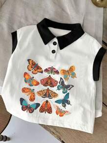 Young Girl Casual Cute Butterfly Pattern Print Polo Neck Tank Top, Spring/Summer New Arrival - White - View 2
