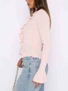 Women Long Sleeve Crop Tops Button Front Ruffle Cardigan Fitted Shirt For Club Streetwear Aesthetic Clothes - Pink - View 9
