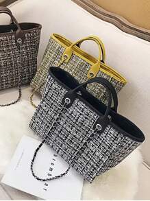 Bolso de mujer personalizable con bordado de nombre, estilo coreano popular - Bolso de cubo con cadena a contraste de cuadros sencillo, bolso de hombro y bolso cruzado para señoras