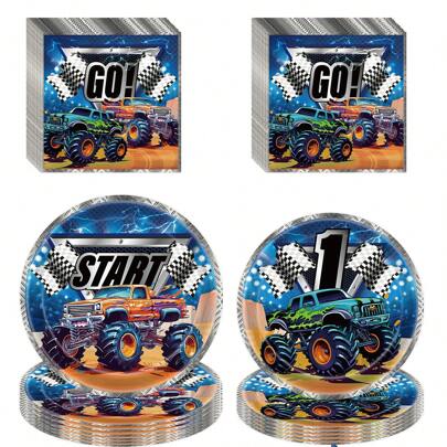 10/20/40pcs,Monster Truck Party Supplies Monster Truck Party Decorations Include- Disposable Paper Plates, Napkins For Monster Truck Birthday Decorations.Monster Trucks Party Supplies