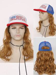 Gorra mullet con cabello sintético rizado de color marrón claro, disfraz exótico estadounidense para el 4 de julio. Gorra mullet con extensiones de cabello corto ondulado adjuntas para disfraces de Día de la Independencia, actividades temáticas, festivales, celebraciones, Día de los Caídos, carnavales, música rock - Marrón Mocha - Ver 1