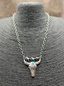 1pc Fashion Retro Western Style Metal Chain/Turquoise Pendant Necklace, Suitable For Women, Girls, Men, Boys To Match Daily Outfit, Party Accessories, Jewelry, Gift For Family/Friends/Yourself