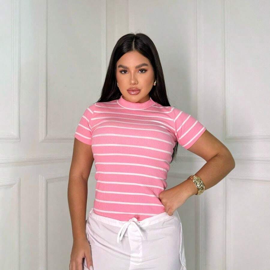 Basic Striped Ribbed Blouse Premium Casual Foreign Fashion Basic T-Shirt T-Shirt - Hồng và Trắng - Xem 1