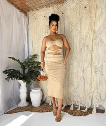 Strapless Suplex Midi Dress With Slit On The Back, Summer Launch Bee - Beige - View 2