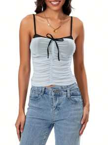 Women's Summer Fashion Cami Tops Sleeveless Ruched Tie Up Contrast Color Vest Tops - Light Blue - View 1