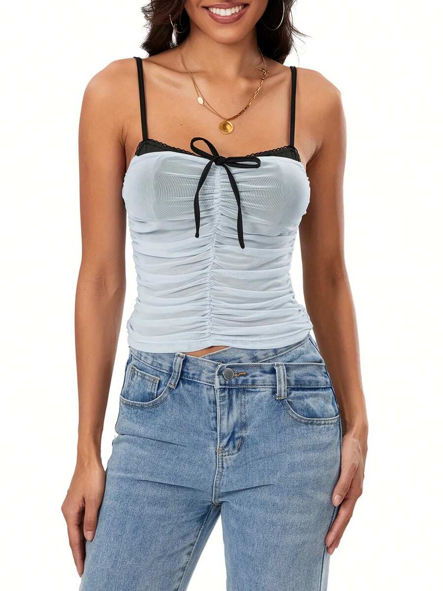 Women's Summer Fashion Cami Tops Sleeveless Ruched Tie Up Contrast Color Vest Tops - Light Blue - View 1