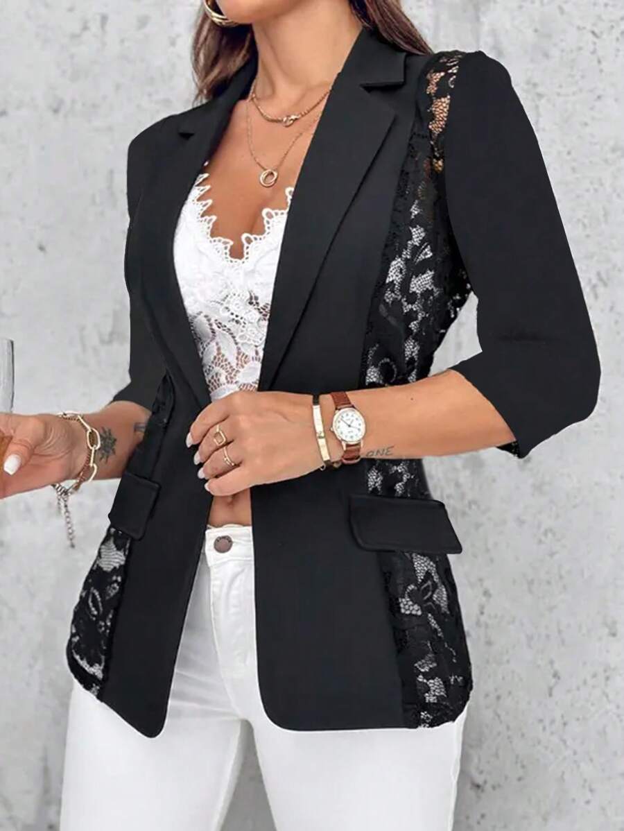 Damen eleganter einfarbiger Blazer mit floraler Spitzenverzierung, Patchwork-Design, 3/4-Ärmel, romantischer Lässig-Stil, Stehkragen, Einzelknopf