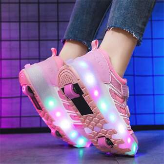 Summer Teenagers Students Adults Couples Fashionable Breathable Low-Top Rotating Buckle LED Light Sports Shoes, 4-Wheel Roller Skates, Outdoor Sports Roller Shoes, Men/Women Skate Shoes