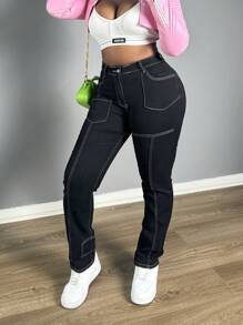 Women's Casual Mid Waist Cargo Jeans Stretch Wide Leg Denim Pants With Pockets - 黑色 - 查看 3