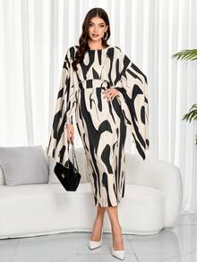 2024秋冬新款女式二合一连衣裙阿拉伯长袍优雅通勤艺术印花女士长袖