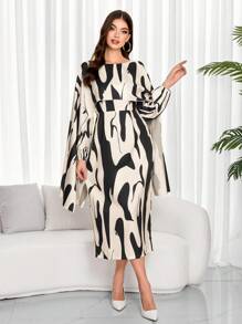 2024秋冬新款女式二合一连衣裙阿拉伯长袍优雅通勤艺术印花女士长袖