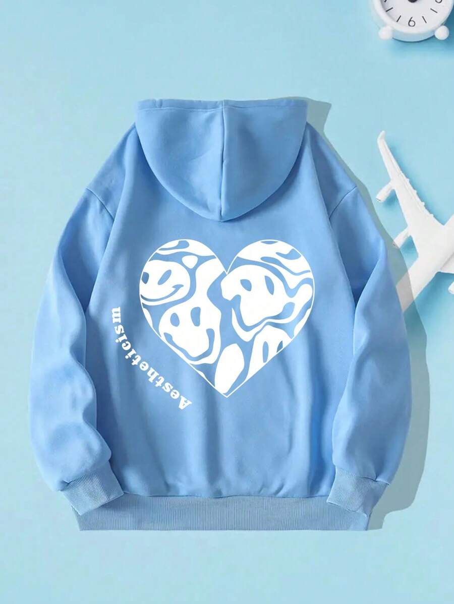 Cartoon Letter Print Drop Shoulder Drawstring Thermal Lined Hoodie - Blue - View 1