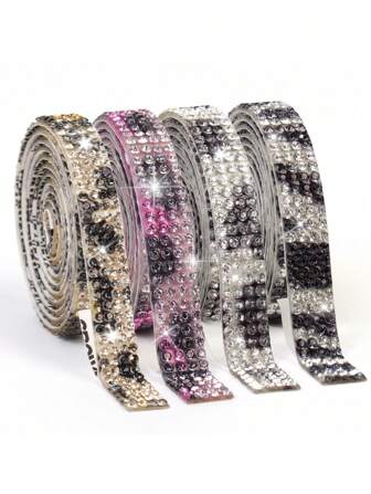 4pcs Sparkling Rhinestone Animal Print Ribbons, Self-Adhesive Crystal Diamond Stickers, Suitable For DIY Crafts, Wedding Decorations, Party Gifts - Applicable To Bags, Clothes, Car Accessories And Shoes, Length 35.4 Inches