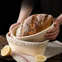 1 件波西米亚风格柳条面包发酵篮，椭圆形天然藤条面包面团发酵篮，带衬布，圆形和椭圆形食物发酵篮，适用于自制面包烘焙工具 - 米色 - 查看 10