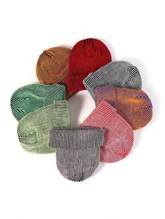 Men's Street Hip Hop Style Striped Knit Beanie, Outdoor Brimless Cap, Winter Warm Striped Knitted Skull Cap, Reversible Bucket Hat, Suitable For Hiking, Cycling, Travel, Daily Wear