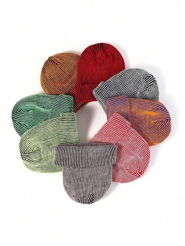 Men's Street Hip Hop Style Striped Knit Beanie, Outdoor Brimless Cap, Winter Warm Striped Knitted Skull Cap, Reversible Bucket Hat, Suitable For Hiking, Cycling, Travel, Daily Wear