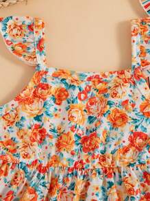 3pcs Infant/Baby Girl Floral & Striped Sleeveless Top + Floral & Striped Allover Print Shorts Set - Orange - View 4