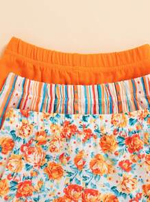 3pcs Infant/Baby Girl Floral & Striped Sleeveless Top + Floral & Striped Allover Print Shorts Set - Orange - View 6