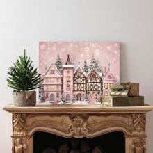 1pc Pink Sage Snow Scene Town Landscape Canvas Poster Vintage Wall Decor Canvas Wall Art Winter Art Print For Bedroom, Framed Ready To Hang