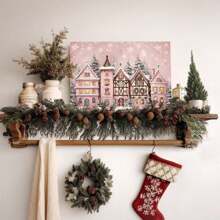 1pc Pink Sage Snow Scene Town Landscape Canvas Poster Vintage Wall Decor Canvas Wall Art Winter Art Print For Bedroom, Framed Ready To Hang
