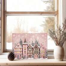 1pc Pink Sage Snow Scene Town Landscape Canvas Poster Vintage Wall Decor Canvas Wall Art Winter Art Print For Bedroom, Framed Ready To Hang