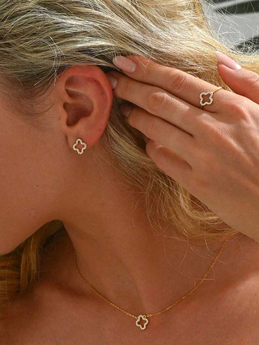 4pcs/Set Fashionable Minimalist 925 Sterling Silver Hollow Flower Pendant Necklace, Earrings, Ring Jewelry Set For Women, Surprise Gift, Suitable For All Occasions