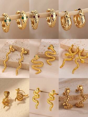 1 Pair Gold Plated Stainless Steel Snake Earrings For Women Ear Clip Hoop Vintage Gothic Punk Party Aesthetic Jewelry New