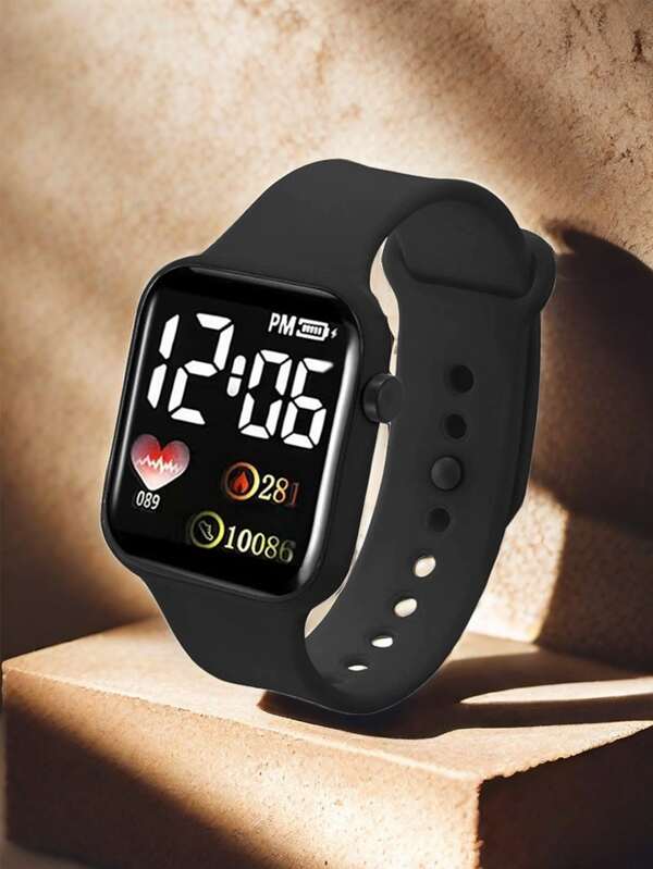 1 pieza Reloj digital LED cuadrado con correa de silicona para mujeres con función de hora, ritmo cardíaco, adecuado para regalo de vacaciones y uso diario