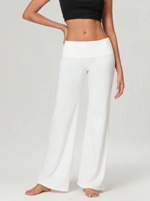 Women's Baggy Pants Foldover Waist Solid Color Loose Wide Leg Pants - trắng - Xem 3