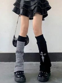 1 Par de Aquecedores de Perna Sólidos Fofos de Estilo Lolita Feminino, Aquecedores de Perna Até o Joelho de Outono, Estilo Y2K - Preto - Visão 4