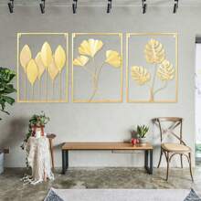 3 Pack Gold Metal Wall Art For Living Room, Large Leaf Frame Accent Leaves Wall Decor Home - 金色 - 查看 1