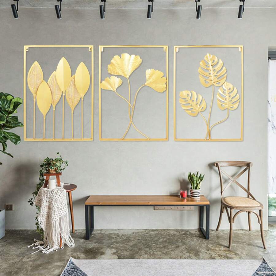 3 Pack Gold Metal Wall Art For Living Room, Large Leaf Frame Accent Leaves Wall Decor Home - 金色 - 查看 1