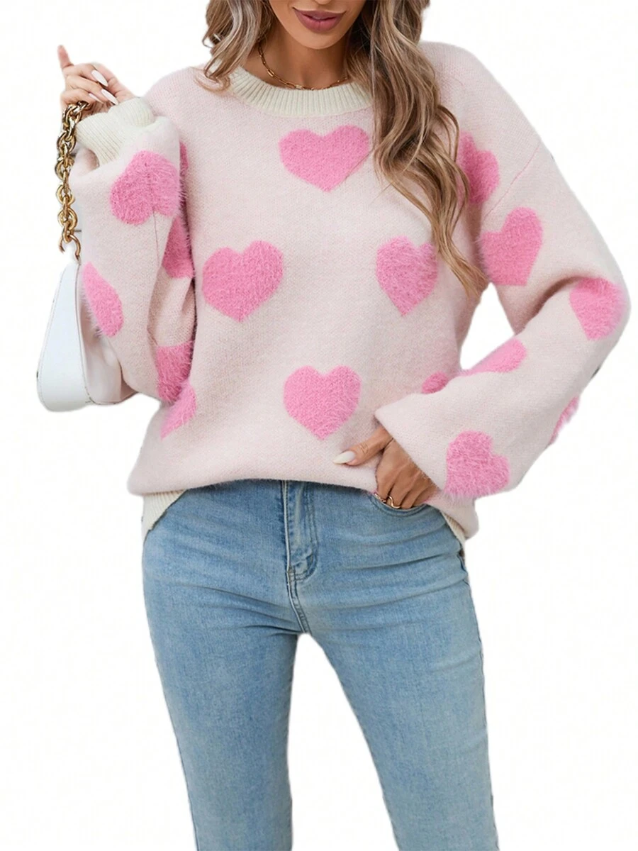 Women Cute Sweaters Casual Warm Heart Print Long Sleeve Basic Knit Pullover Tops Valentines Day Outfit Casual Crewneck Sweatshirts Clothes Fall Spring Streetwear - 白色 - 查看 1