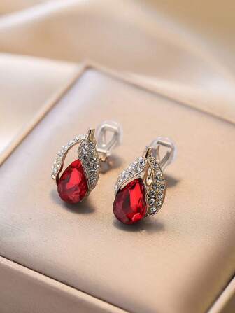 1 Pair Fashionable Crystal Teardrop Glass Clip On Earrings For Women, Elegant Style, Suitable For Daily Wear, Festival Gifts