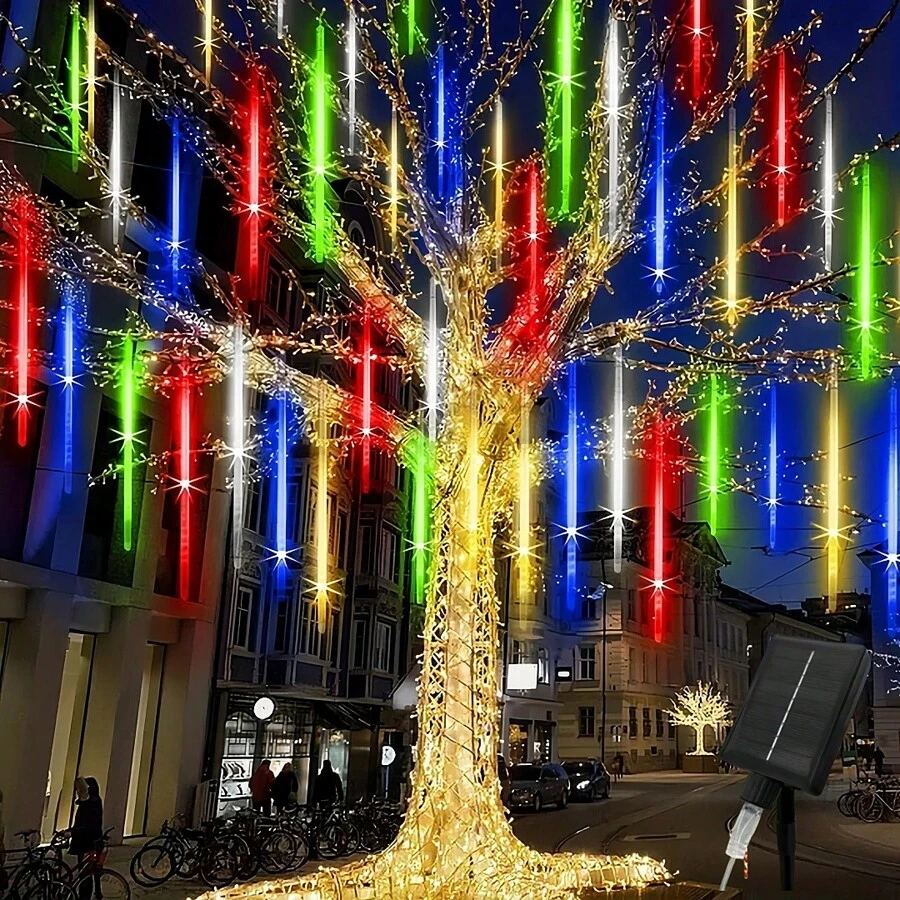 8-Tube LED Solar Powered Meteor Shower Outdoor Tree Decoration Lights, Solar Powered Falling Rain Icicle Lights, Suitable For Thanksgiving, Christmas Tree, Halloween, Holiday Street Tree Decor