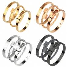 3pcs/Set Business & Casual Party Gift Accessory Bracelet, Mixed Square, Round Bead, Roman Numeral Stainless Steel Couple Jewelry
