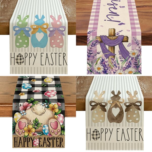 Easter Table Runner 13 X 72Inch, Polka Dots Bunny Grey Striped Decorative Farmhouse Rustic Holiday Spring Table Decoration For Kitchen Dinning, Indoor Outdoor Dinner Party Decor