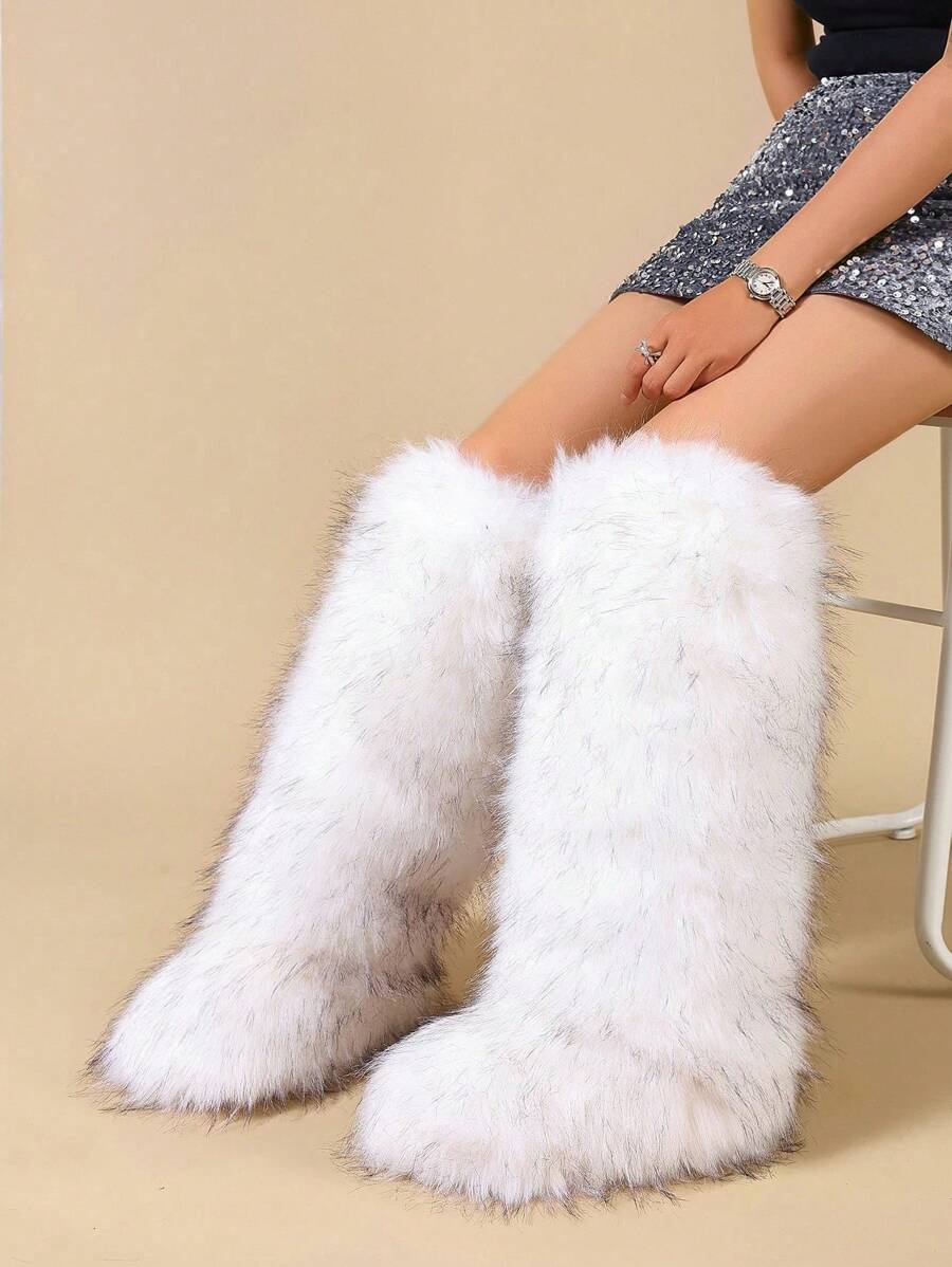 New Furry Plush Faux Fur Knee-High Fuzzy Boots, Round Toe Warm Winter Tall Faux Fox Fur Snow Boots For Women, Suitable For Christmas Party Atmosphere - White - View 1