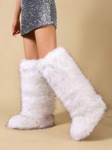 New Furry Plush Faux Fur Knee-High Fuzzy Boots, Round Toe Warm Winter Tall Faux Fox Fur Snow Boots For Women, Suitable For Christmas Party Atmosphere - White - View 4