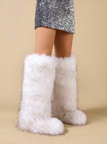 New Furry Plush Faux Fur Knee-High Fuzzy Boots, Round Toe Warm Winter Tall Faux Fox Fur Snow Boots For Women, Suitable For Christmas Party Atmosphere - White - View 5