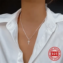 1pc 925 Silver Diamond Necklace, Sparkly Simple Unique Delicate Cross Pendant Necklace, Collarbone Chain - Silver - View 1