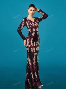 Missord Women's Elegant Sequin Long Sleeve V-Neck Cocktail Dress,Party Dress,Gown,Formal,Evening,Wedding Guest