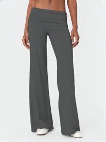 Women's Casual Loose Folding Waist Pants Solid Color/Striped Loose Wide Leg Pants - 深灰色 - 查看 7