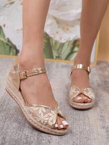 Sandal đế xuồng thời trang nữ, chất liệu rơm dệt lưới, thoáng khí, thích hợp cho kỳ nghỉ xuân hè. - Màu be - Xem 4
