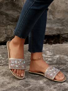 2025 New Arrivals Women's Slip-On Slippers, Flat Heel, Rhinestone & Pearl Decor, Extra Wide Fit, Lightweight Luxury Casual Sandals, Versatile,Spring Summer Outfits - Gold - View 5
