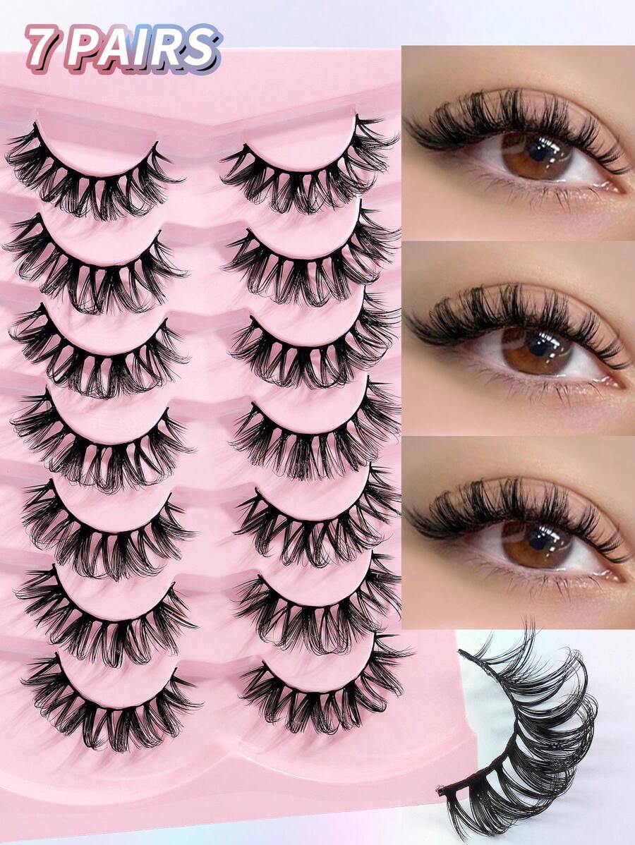 7 Pairs CC Curl Full False Lashes 3D Natural Spiky Manga Lashes Cat-Eye Fluffy Wispy Soft Lashes Fake Eyelashes False Eyelashes Strip,Natural Soft Eyelash Crisscross Wispy Fluffy Lashes,Naturally Slender, Curled And Enlarged Eyes,For Women To Use Travel, PartyJapanese Makeup Wet Look Manga False Eyelashes Makeup After Shower Natural Long And Volume Faux Mink Curl Soft Hair Makeup Eye Tool For Beauty - 黑色 - 查看 1
