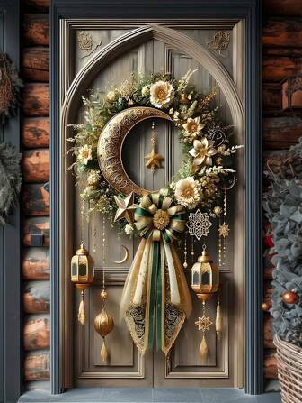 1 件月亮和星星灯笼花环斋月横幅，多种款式可选，金色斋月背景布，适用于斋月装饰、前门廊装饰、室内家居前门装饰、房间美学装饰