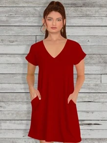 Vestido Corto Casual De Manga Corta Y Escote En V Con Bolsas Modelo Capri 2 Marca Epifania - Rojo - Ver 1