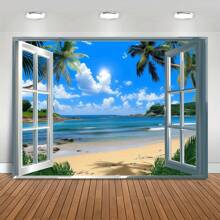 One Photo, Tropical Island Background, Window View, Coconut Trees, Waves, Beach, Photography Background, Wedding Photo, Props, Theme, Birthday Party, Couple Portrait, Studio Props - Multicolor - View 1